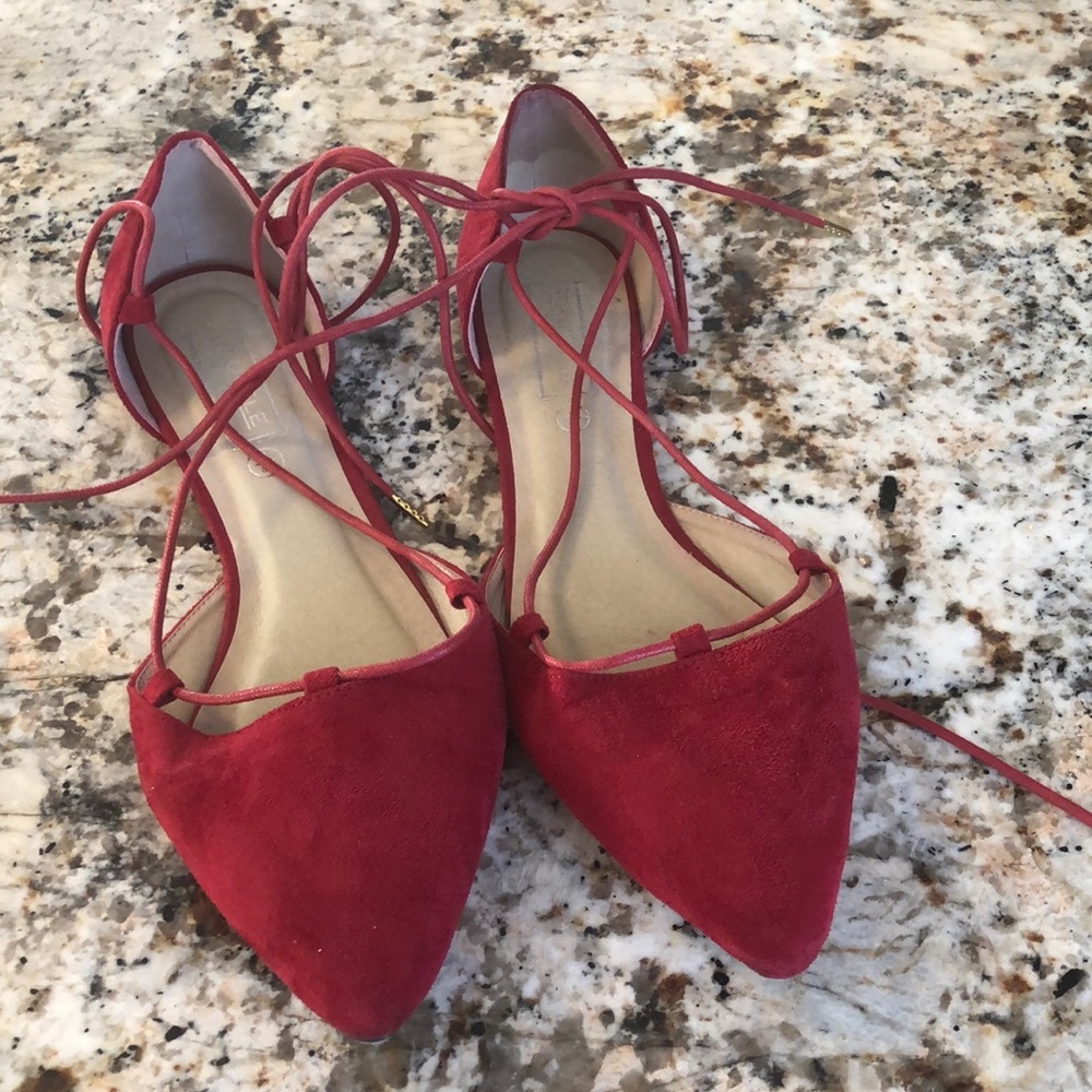 Red Suede Ballerina Strappy Flats